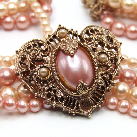 Vintage 1928 Faux Pearl Choker Necklace Heart Romantic Peach Tones - Picture 4 of 6